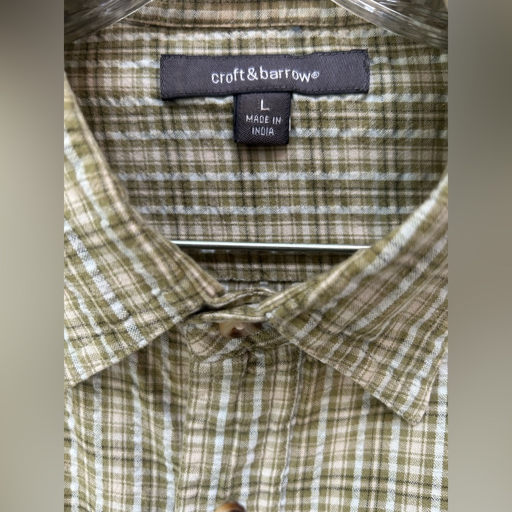 Croft & Barrow,Olive/White Plaid Button-Down Front, seersucker fabric, carefree.